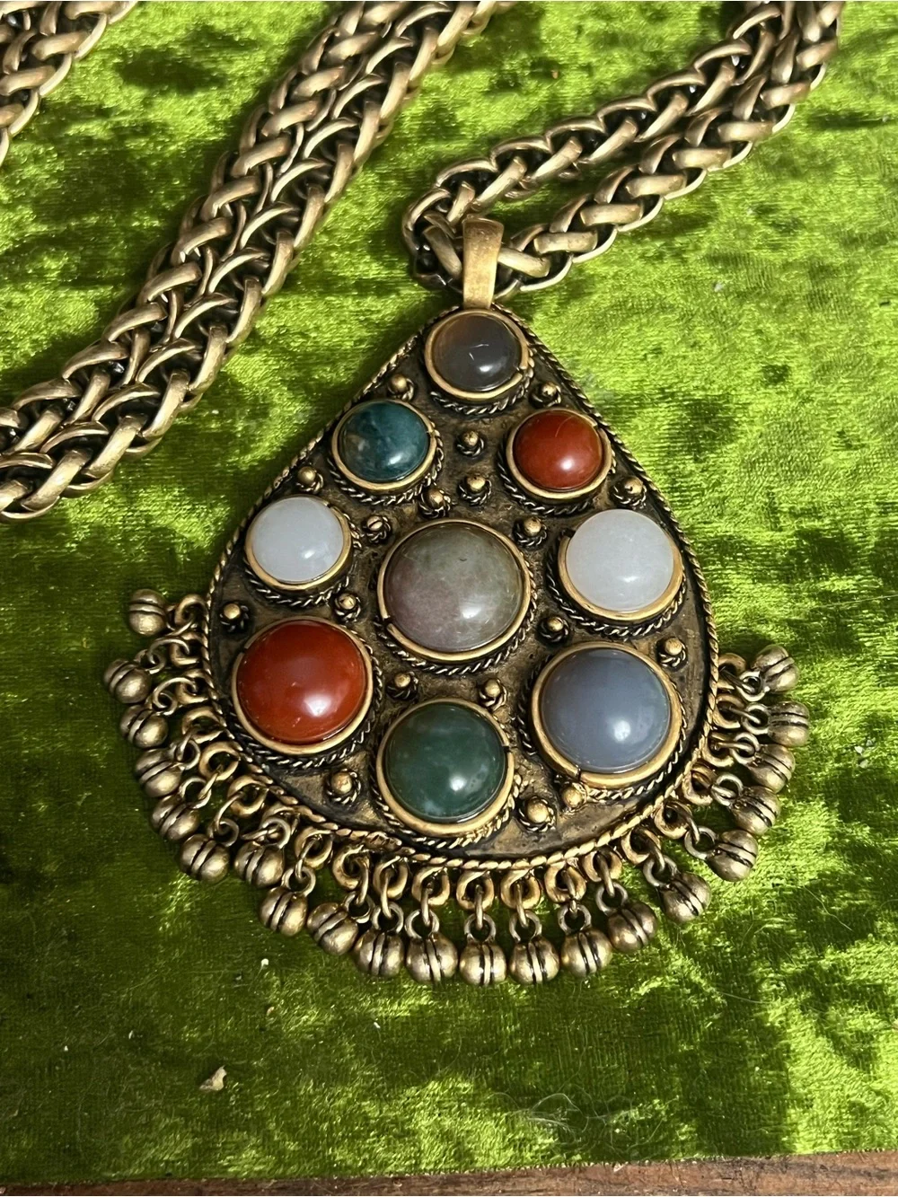 Antique-Style Multistone Large Teardrop Pendant Necklace - Gold Tone